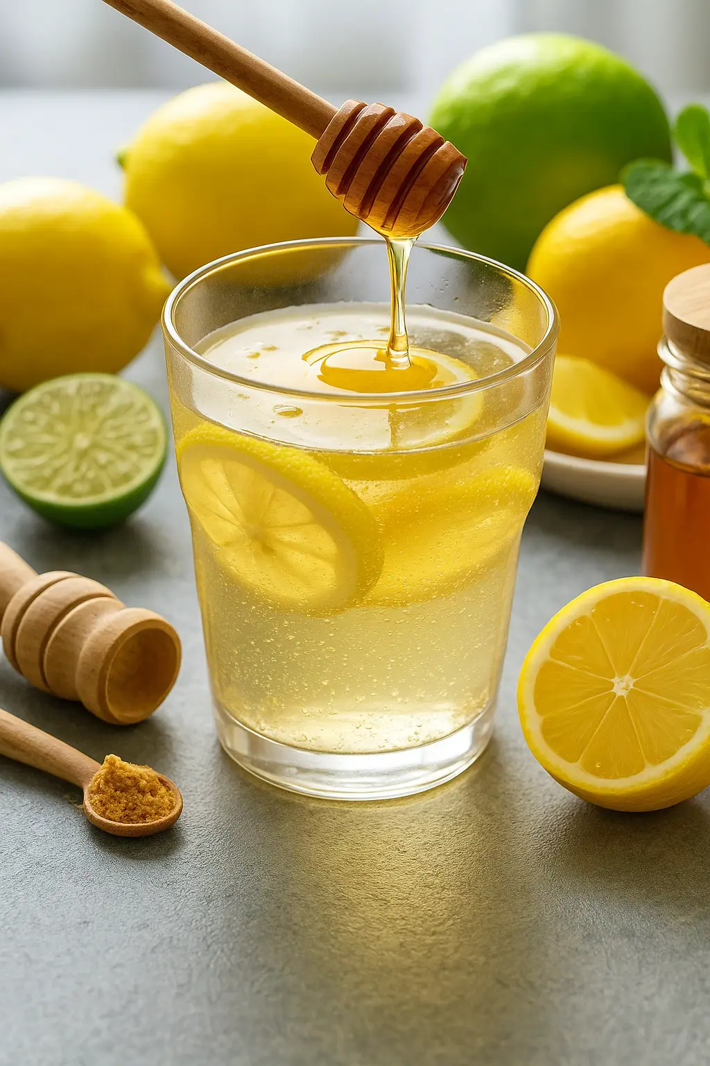 Natural Mounjaro Recipe: 4-Ingredient Drink Women 40+ Love 8 Glass of natural Mounjaro recipe drink with lemon, honey, and ginger on a kitchen counter